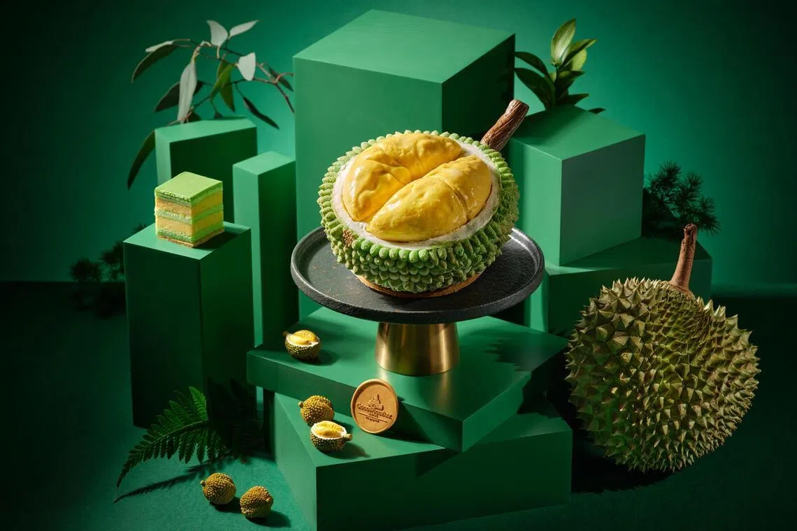 Goodwood Park Hotel's D24 Thorny King is a cake made from durian pulp and pandan sponge, among other ingredients.