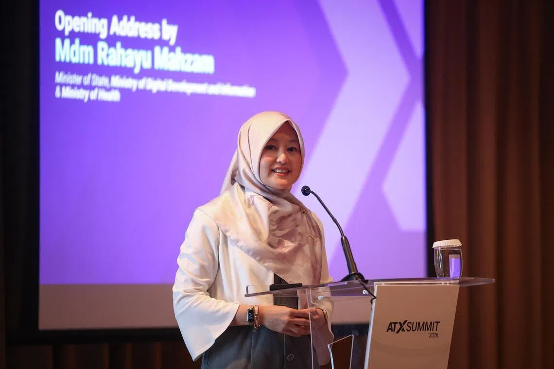 Minister of State for Health Rahayu Mahzam speaking at SingHealth's AI in Health x ATx26 Symposium at Capella Singapore on May 19.