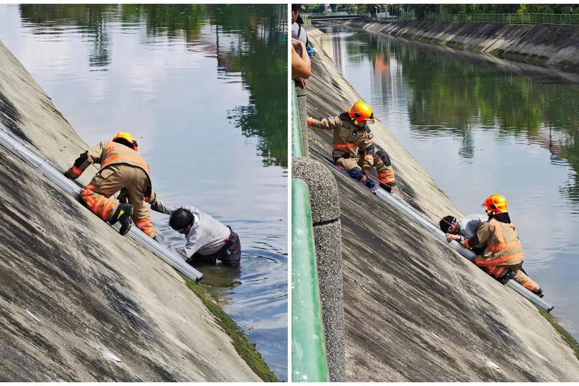 The rescue seemed tricky, as the officers were seen balancing themselves on the slope leading to the canal. 