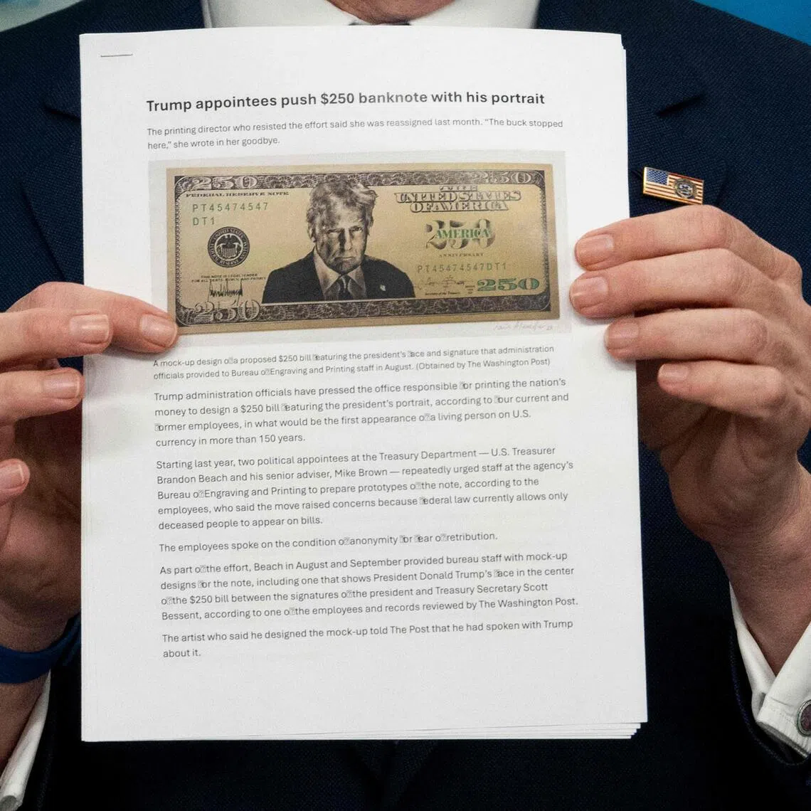 The proposed US$250 bill featuring US President Donald Trump.