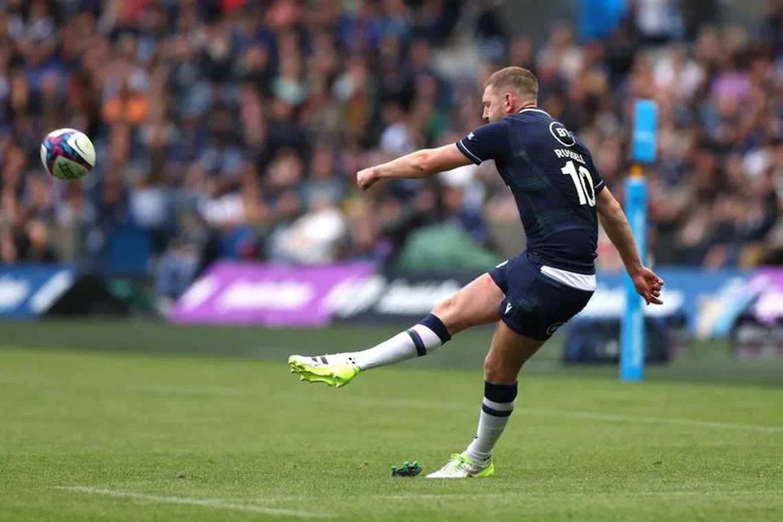 Rugby Union -  Scotland v Georgia - World Cup Warm Up - Murrayfield Stadium, Scotland, Britain - August 26, 2023 Scotland's Finn Russell kicks a conversion Action Images via Reuters/Russell Cheyne