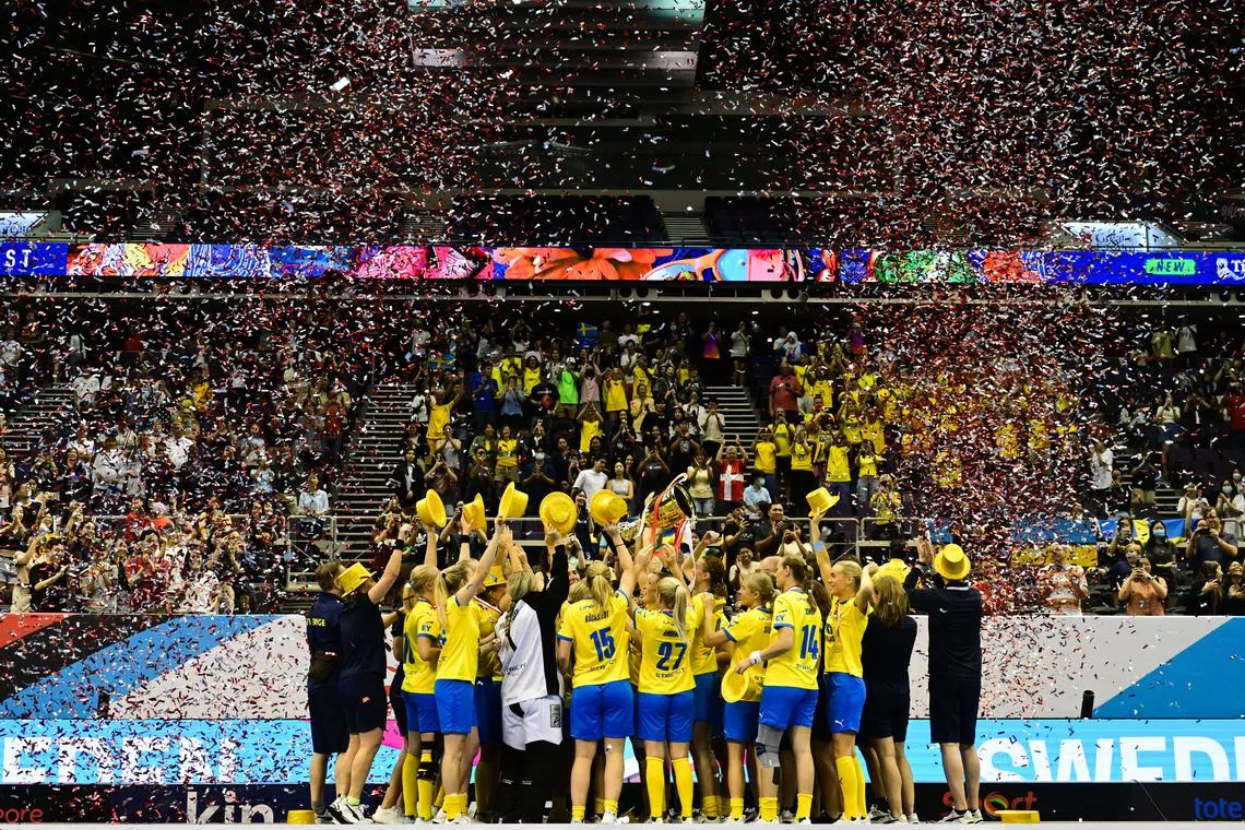 Sweden celebrating their 6-4 victory against Finland at the final of Women's World Floorball Championship 2023 on Dec 10, in Singapore.
