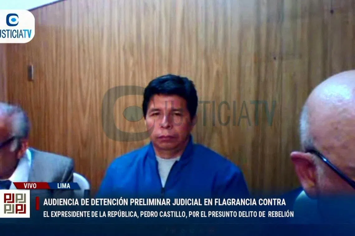 Ousted president Pedro Castillo is pictured at a detention hearing after his failed coup, in Lima, on Dec 8, 2022.