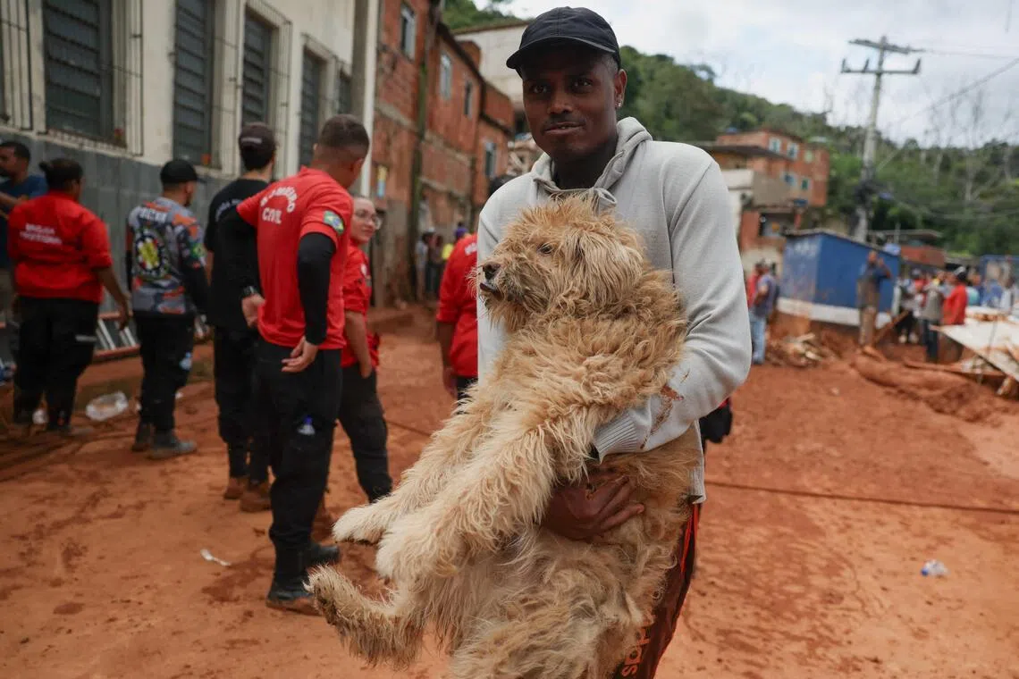 A man carrying a dog as rescue workers search for victims in Juiz de Fora, in Brazil's Minas Gerais state, on Feb 24, after heavy rain caused flooding.