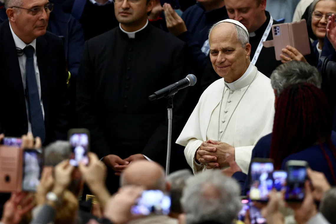 Pope Leo XIV looks on before attending a lunch with poor people, on World Day of the Poor, in Paul VI Hall at the Vatican, November 16, 2025. REUTERS/Yara Nardi