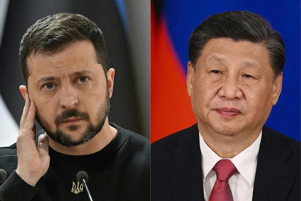 Ukrainian President Volodymyr Zelensky (left) spoke to Chinese President Xi Jinping by phone on Wednesday.