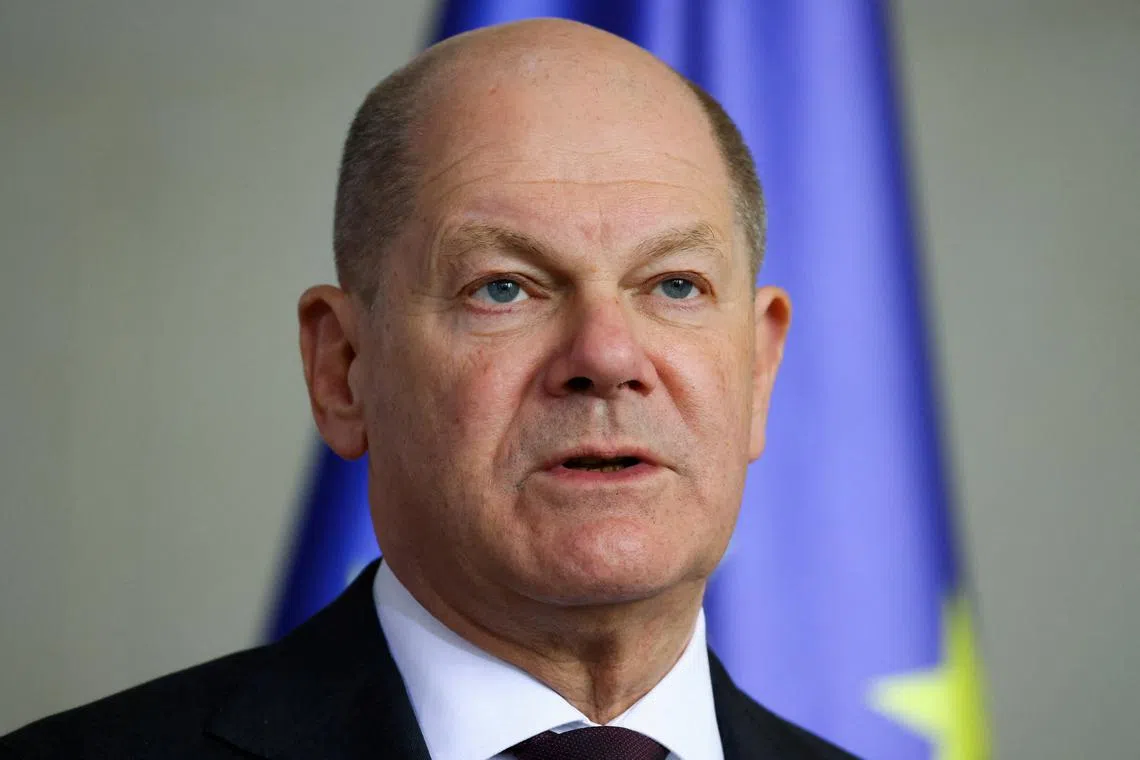 FILE PHOTO: German Chancellor Olaf Scholz speaks during a press conference with Latvian Prime Minister Evika Silina, in Berlin, Germany, March 27, 2024. REUTERS/Nadja Wohlleben/File Photo