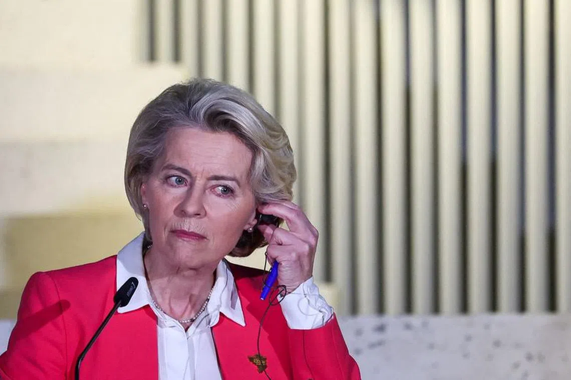 FILE PHOTO: European Commission President Ursula von der Leyen attends a press conference at the Berlin Process, leaders' summit in Tirana, Albania, October 16, 2023. REUTERS/Florion Goga/File Photo