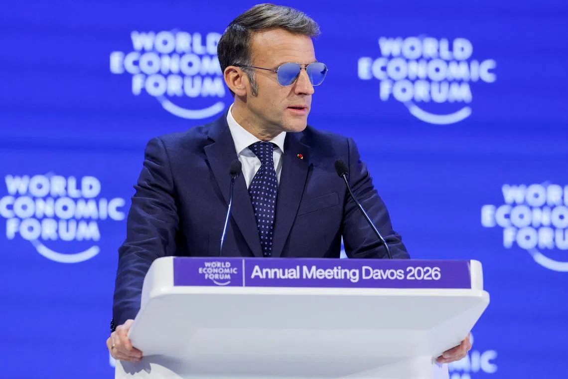 France's President Emmanuel Macron attends the 56th annual World Economic Forum (WEF) meeting in Davos, Switzerland, January 20, 2026. REUTERS/Denis Balibouse