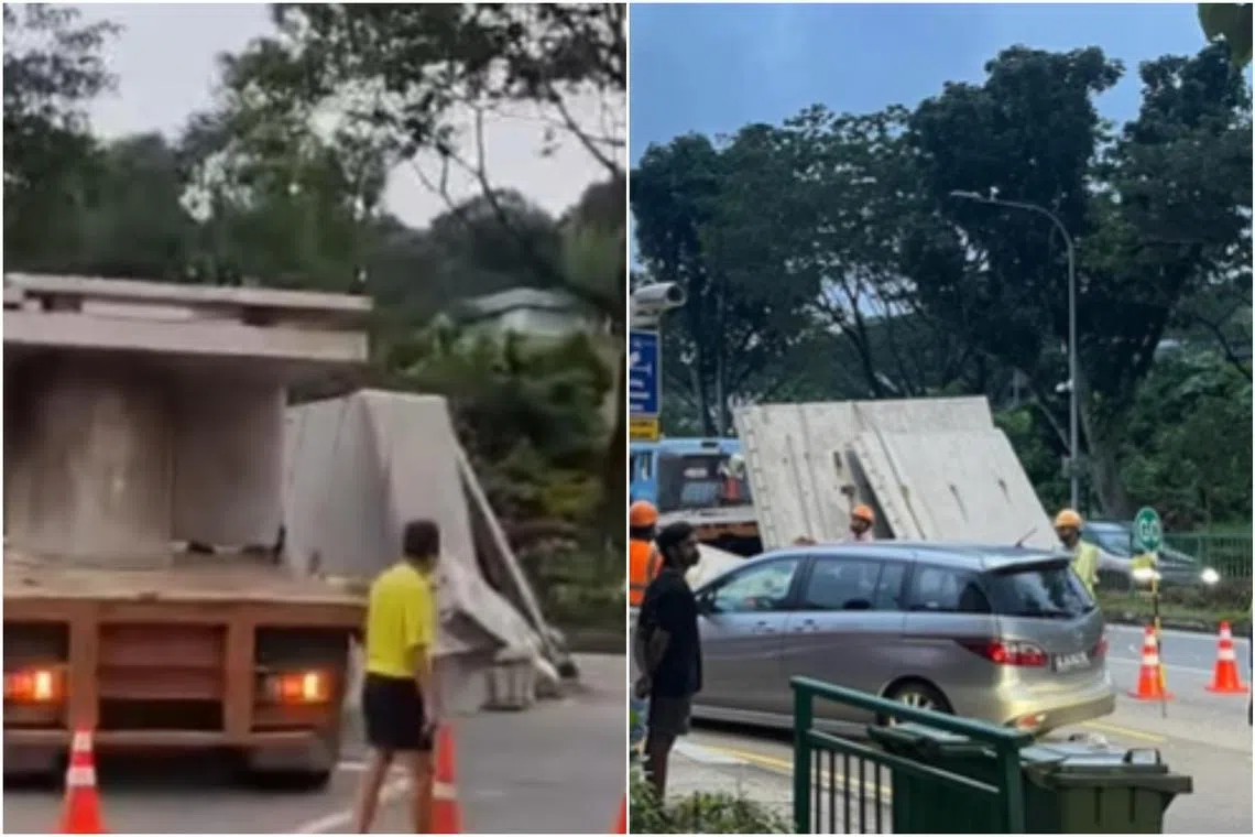 Several concrete slabs fell off a trailer, resulting in the three-lane road being cordoned off.