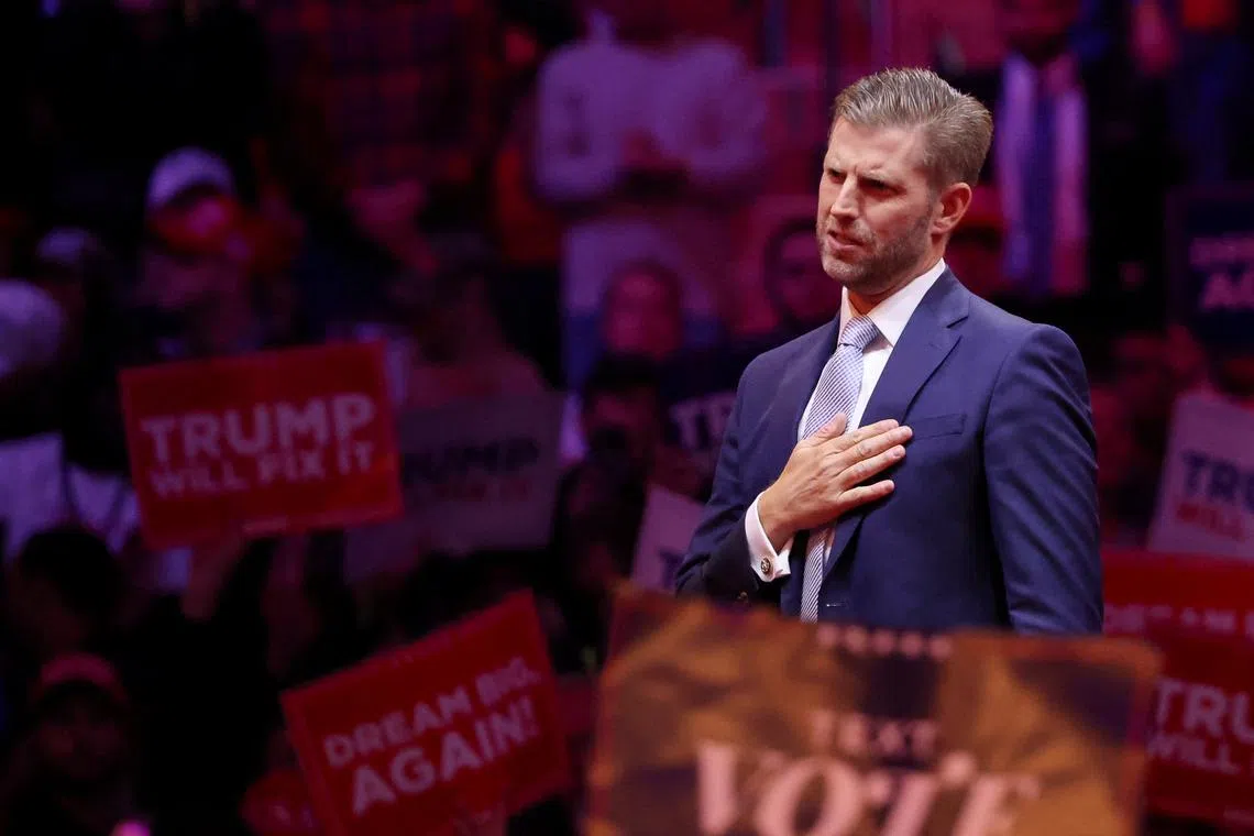FILE PHOTO: Eric Trump attends a rally for Republican presidential nominee and former U.S. President Donald Trump at Madison Square Garden, in New York, U.S., October 27, 2024. REUTERS/Brendan McDermid/File Photo