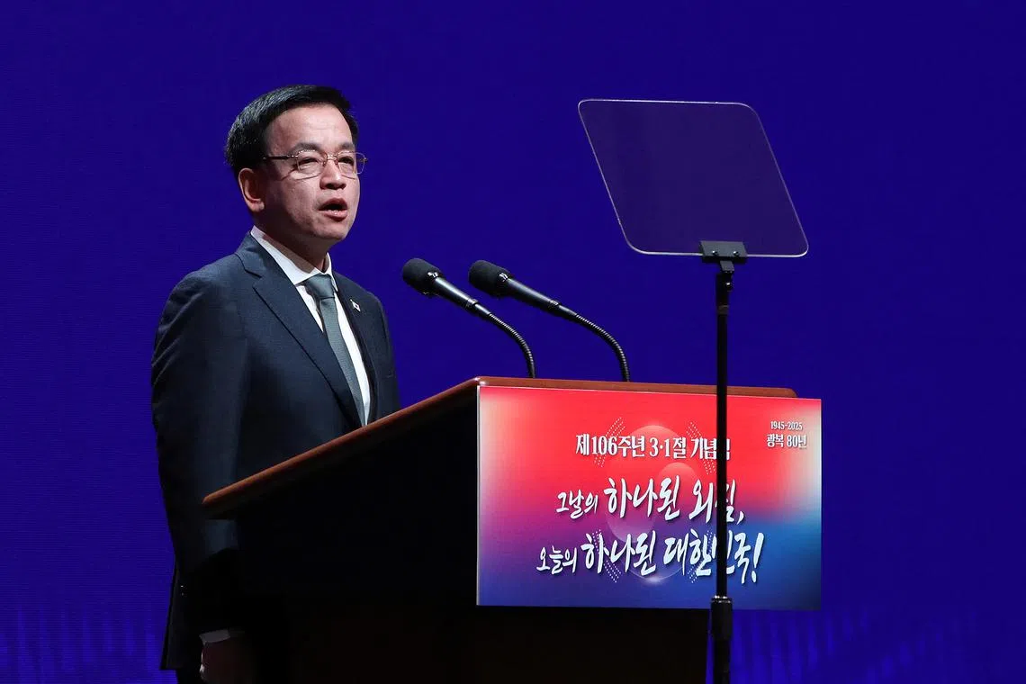 FILE PHOTO: South Korean acting President Choi Sang-mok speaks during the 106th Independence Movement Day ceremony at Soongeui Women's University on March 01, 2025 in Seoul, South Korea.  Chung Sung-Jun/Pool via REUTERS/File Photo