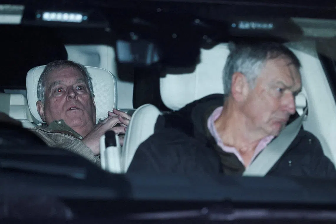 Britain's former prince Andrew leaving a police station in Aylsham, Britain, on Feb 19 after he was arrested on suspicion of misconduct in public office.