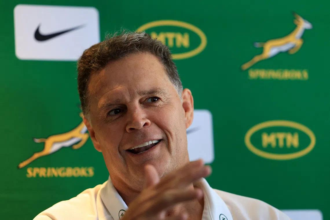 Rugby Union - South African head coach Rassie Erasmus' Press Conference - SARU House, Tygerberg Park, Cape Town, South Africa - March 5, 2025 South Africa head coach Rassie Erasmus during the press conference REUTERS/Esa Alexander