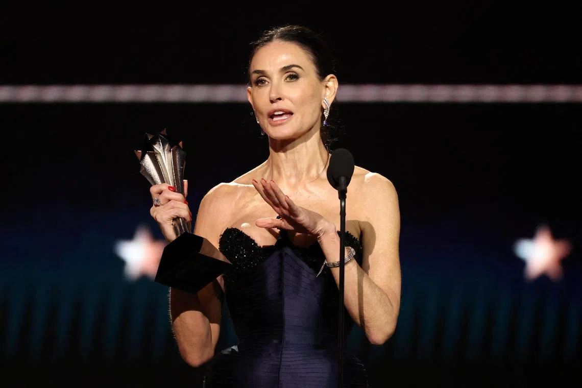 Demi Moore accepts the Best Actress award for The Substance during the 30th Annual Critics Choice Awards, in Santa Monica on Feb 7.