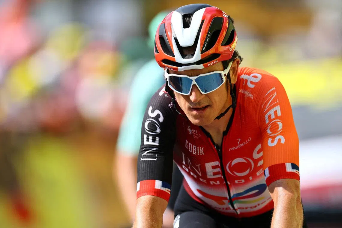 FILE PHOTO: Cycling - Tour de France - Stage 15 - Muret to Carcassonne - Muret, France - July 20, 2025 Ineos Grenadiers' Geraint Thomas after crossing the line at stage 15 REUTERS/Sarah Meyssonnier/File Photo