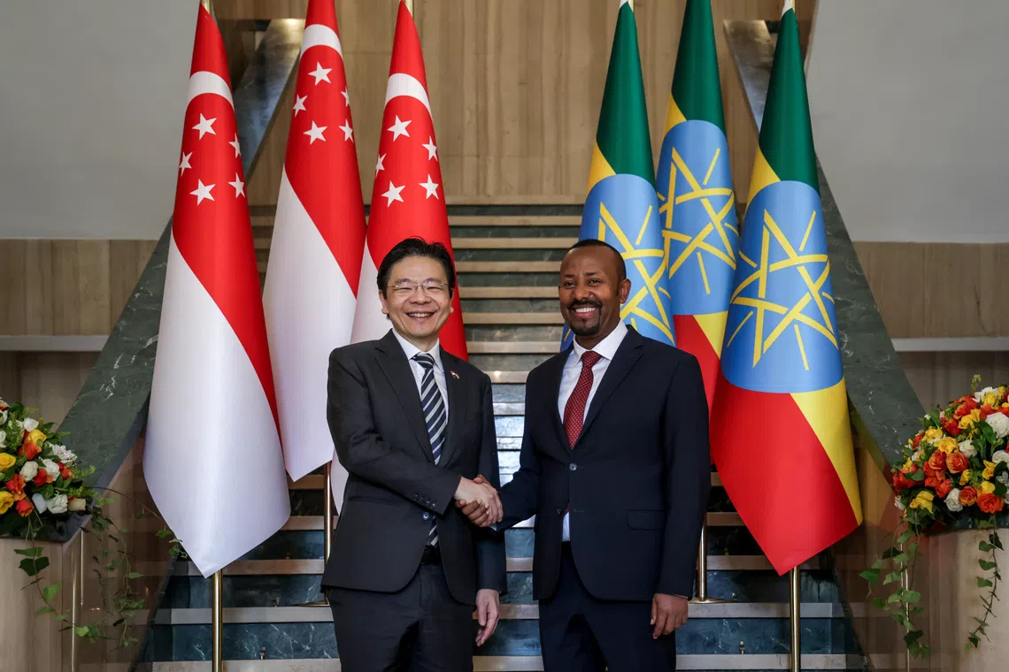 Prime Minister Lawrence Wong to Ethiopia [Addis Ababa] Caption: Prime Minister Lawrence Wong and Ethiopian Prime Minister Abiy Ahmed poses for a photo at the National Palace of Ethiopia on 24 Nov 2025 during the official state visit.