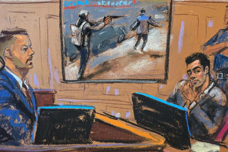 A video sketch showing Luigi Mangione (right) and a police officer testifying about a video depicting the shooting at the murder trial in New York City.
