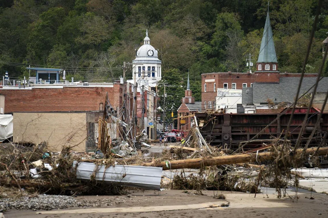 Wreckage caused by Hurricane Helene in downtown Marshall, North Carolina, on Sept 29. 