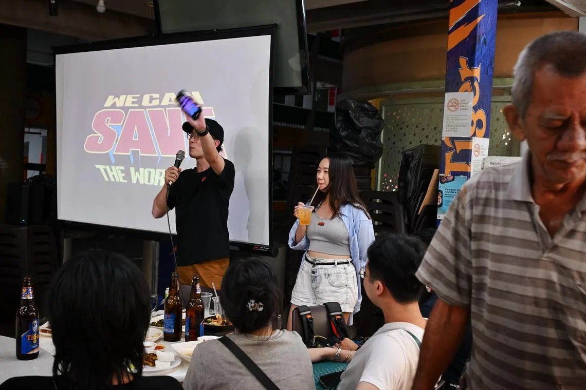 ST20250820_202585800627 Kua Chee Siong/ josave21/ Makers of the SIngapore comedy, We Can Save The World, holding a public event to launch their new trailer, at the Hong Kong Street restaurant located in Block 57, Geylang Bahru, on Aug 20, 2025.
The producers, directors, actors were at the kopitiam, along with supporters, to celebrate launch of the new trailer.