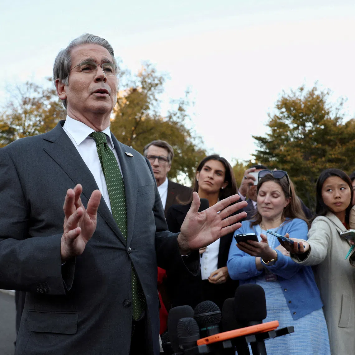 FILE PHOTO: U.S. Treasury Secretary Scott Bessent speaks to reporters at the White House in Washington, D.C., U.S., November 5, 2025. REUTERS/Kevin Lamarque/File Photo