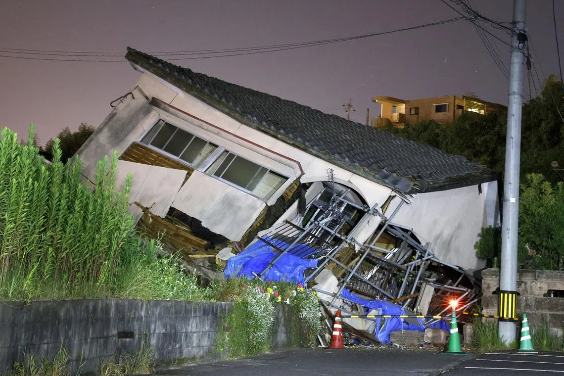 A collapsed house seen following an earthquake in Osaki, southwestern Japan, on Aug 8.