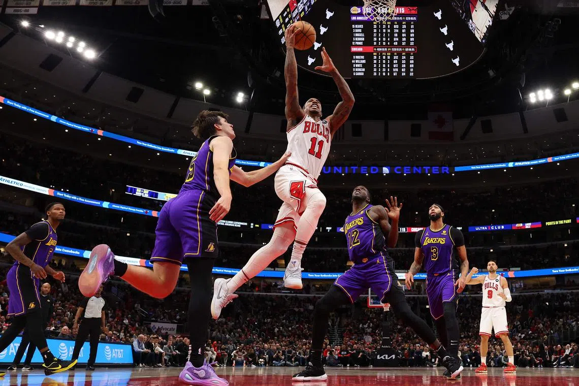 DeMar DeRozan of the Chicago Bulls going up for a lay-up during the 124-108 win over the Los Angeles Lakers on Dec 20.