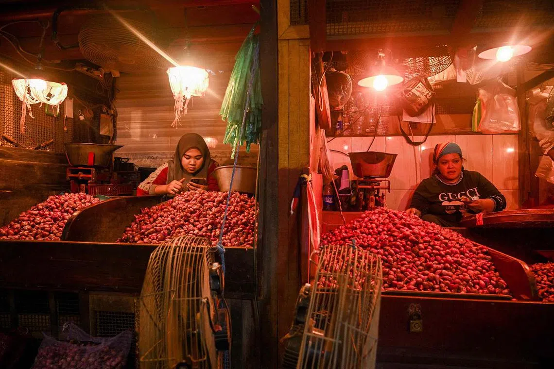 A vendor selling onion uses her mobile phone at a traditional market in Surabaya, Indonesia, on Jan 8, 2025.