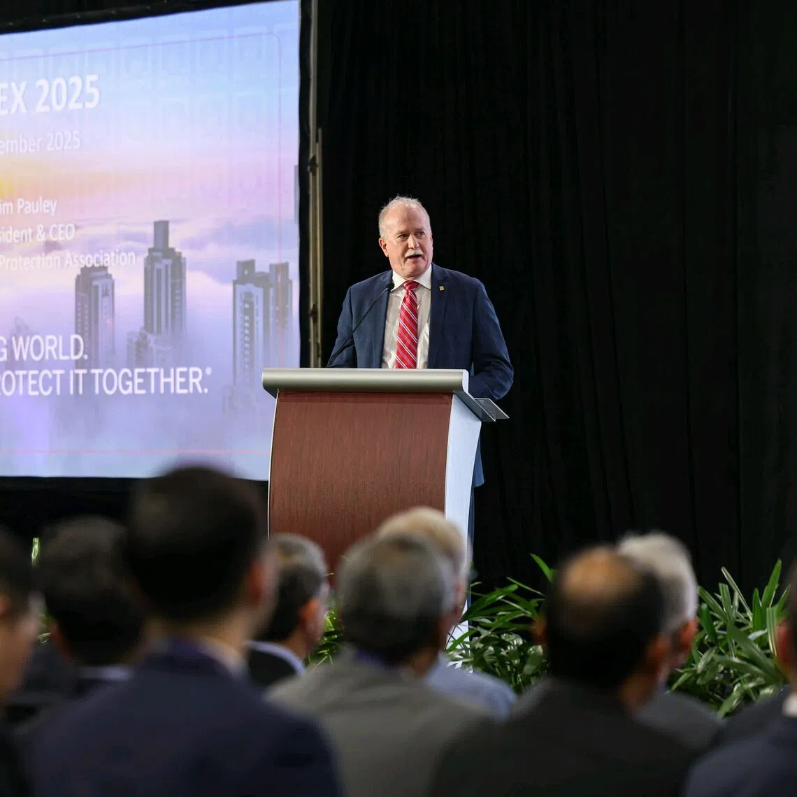 NFPA president and chief executive Jim Pauley speaking at the inaugural Singapore-International Disaster and Emergency Management Expo 2025 on Nov 19.