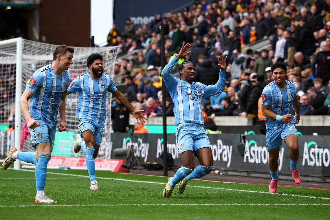 Coventry City's Haji Wright celebrating his late winner in the 3-2 FA Cup quarter-final win over Wolverhampton Wanderers at Molineux on March 16.