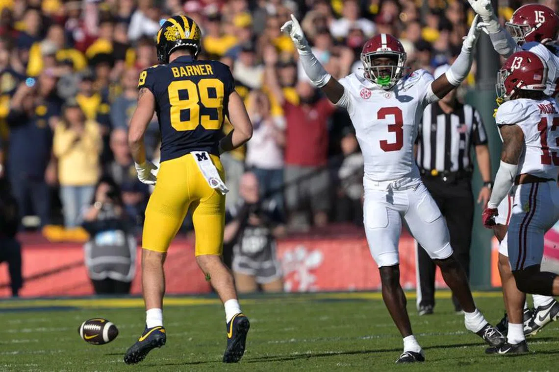 Jan 1, 2024; Pasadena, CA, USA; Alabama Crimson Tide defensive back Terrion Arnold (3) celebrates after an incomplete pass during the first half against the Michigan Wolverines in the 2024 Rose Bowl college football playoff semifinal game at Rose Bowl. Mandatory Credit: Jayne Kamin-Oncea-USA TODAY Sports/File Photo