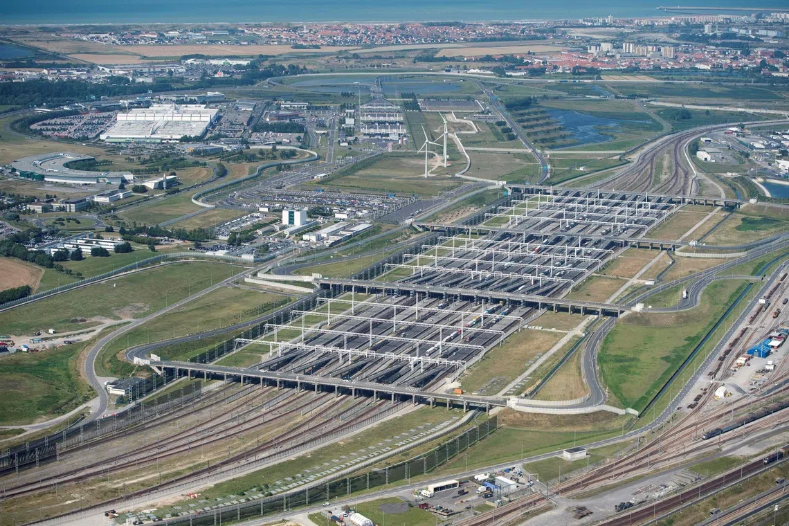 An aerial view of the Eurotunnel at Coquelles, near Calais, northern France. A bus collided with a train near the Channel Tunnel late Oct 15.