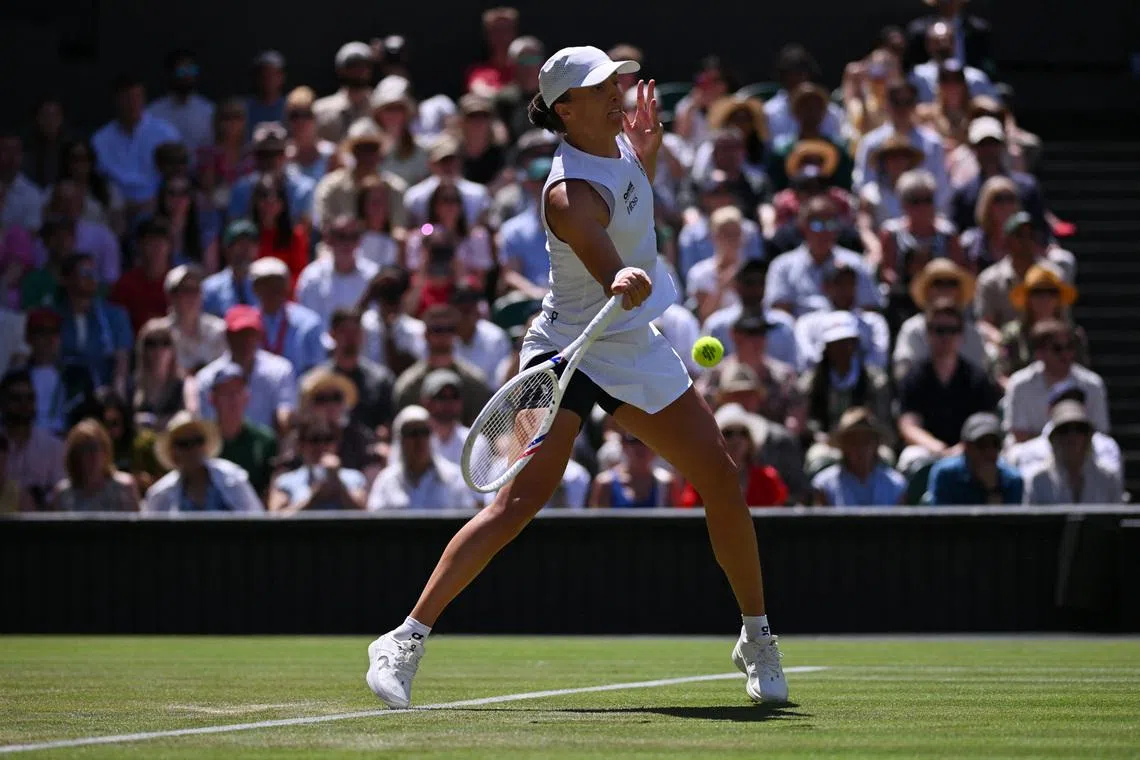 Tennis - Wimbledon - All England Lawn Tennis and Croquet Club, London, Britain - July 2, 2026 Poland's Iga Swiatek in action during her second round match against Czech Republic's Karolina Pliskova REUTERS/Jaimi Joy