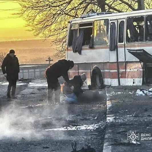 A handout photo showing the site of a Russian strike on a civilian bus transporting miners in Ternivka, Pavlohrad district, Dnipropetrovsk region, Ukraine.