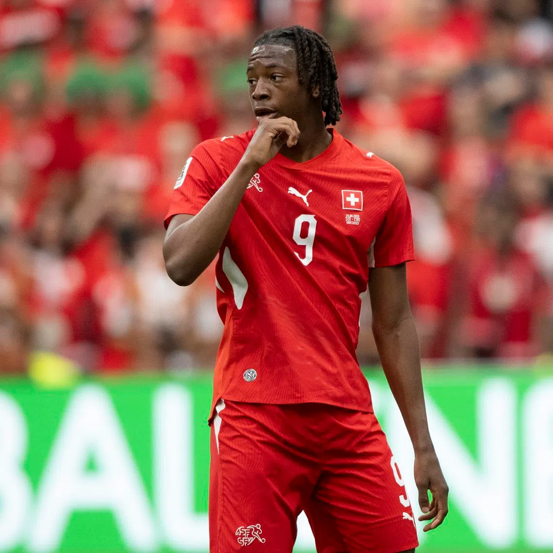 Jun 24, 2026; Vancouver, British Columbia, CAN; Switzerland midfielder Johan Manzambi (9) looks on during the first half against Canada during a Group B match in the 2026 FIFA World Cup at BC Place Vancouver. Mandatory Credit: Anne-Marie Sorvin-Imagn Images