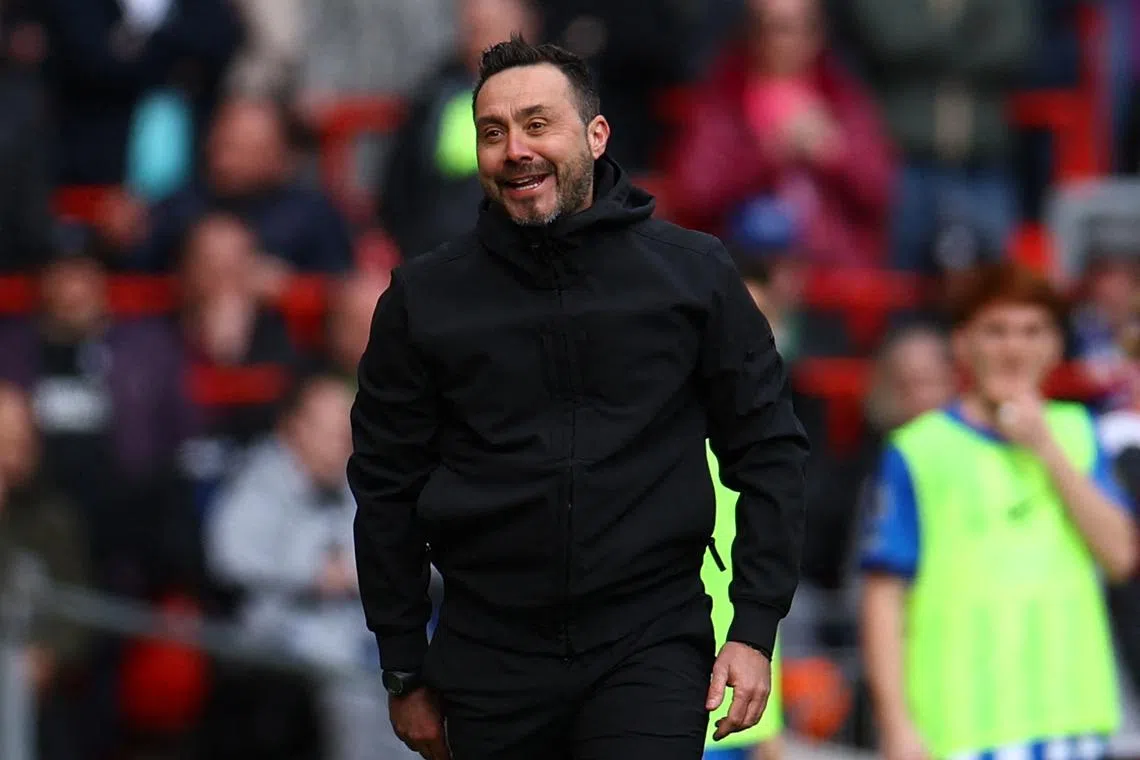 FILE PHOTO: Soccer Football - Premier League - Liverpool v Brighton & Hove Albion - Anfield, Liverpool, Britain - March 31, 2024 Brighton & Hove Albion manager Roberto De Zerbi REUTERS/Molly Darlington/File Photo