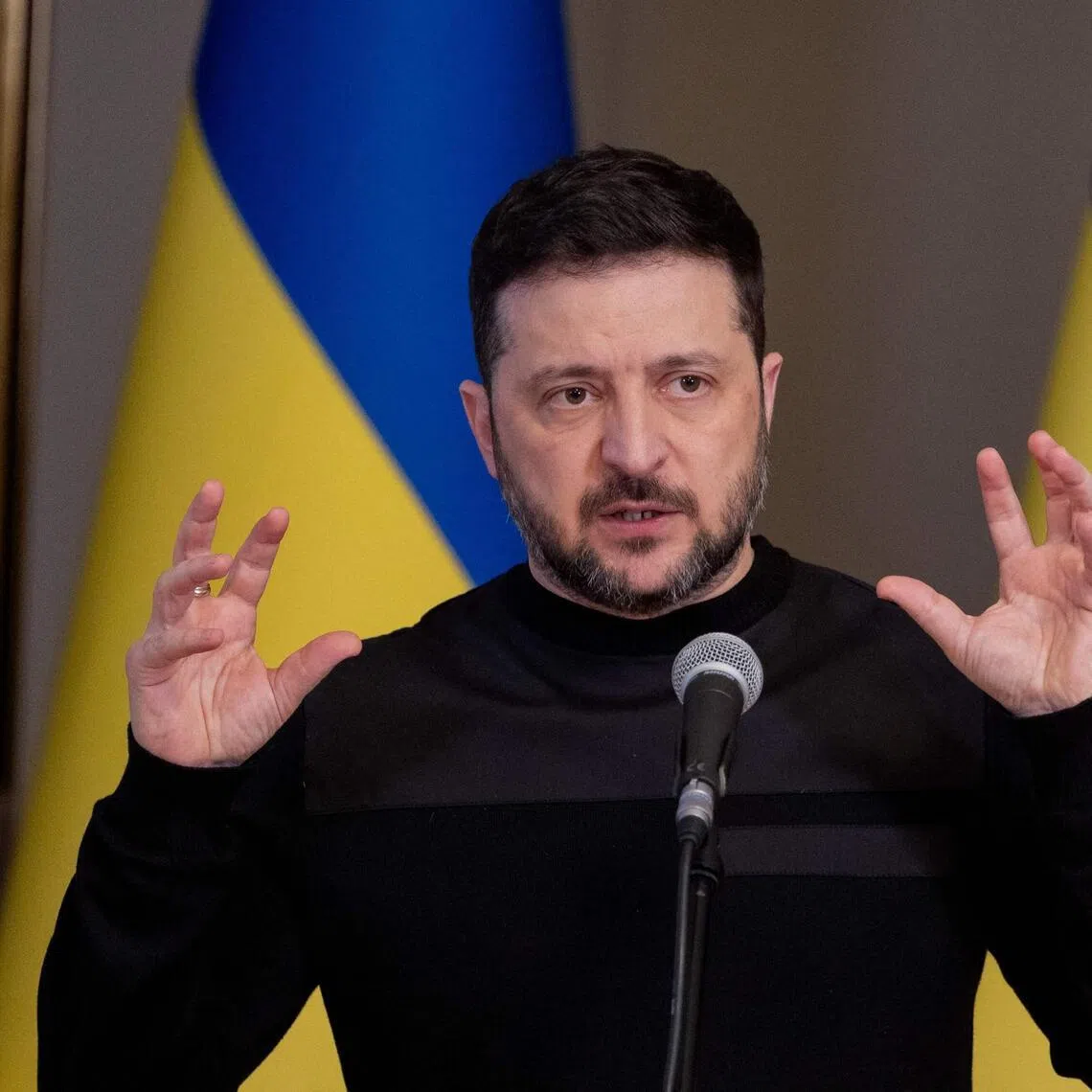 Ukrainian President Volodymyr Zelensky speaking at a press conference in Kyiv on March 3.