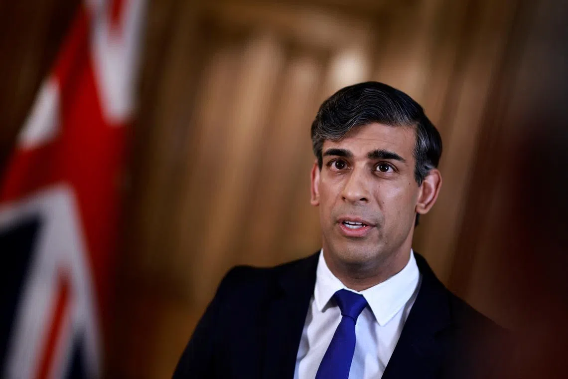 FILE PHOTO: British Prime Minister Rishi Sunak records a statement on the Iranian attacks on Israel overnight, inside 10 Downing Street in central London, Britain, April 14, 2024. BENJAMIN CREMEL/Pool via REUTERS/File Photo