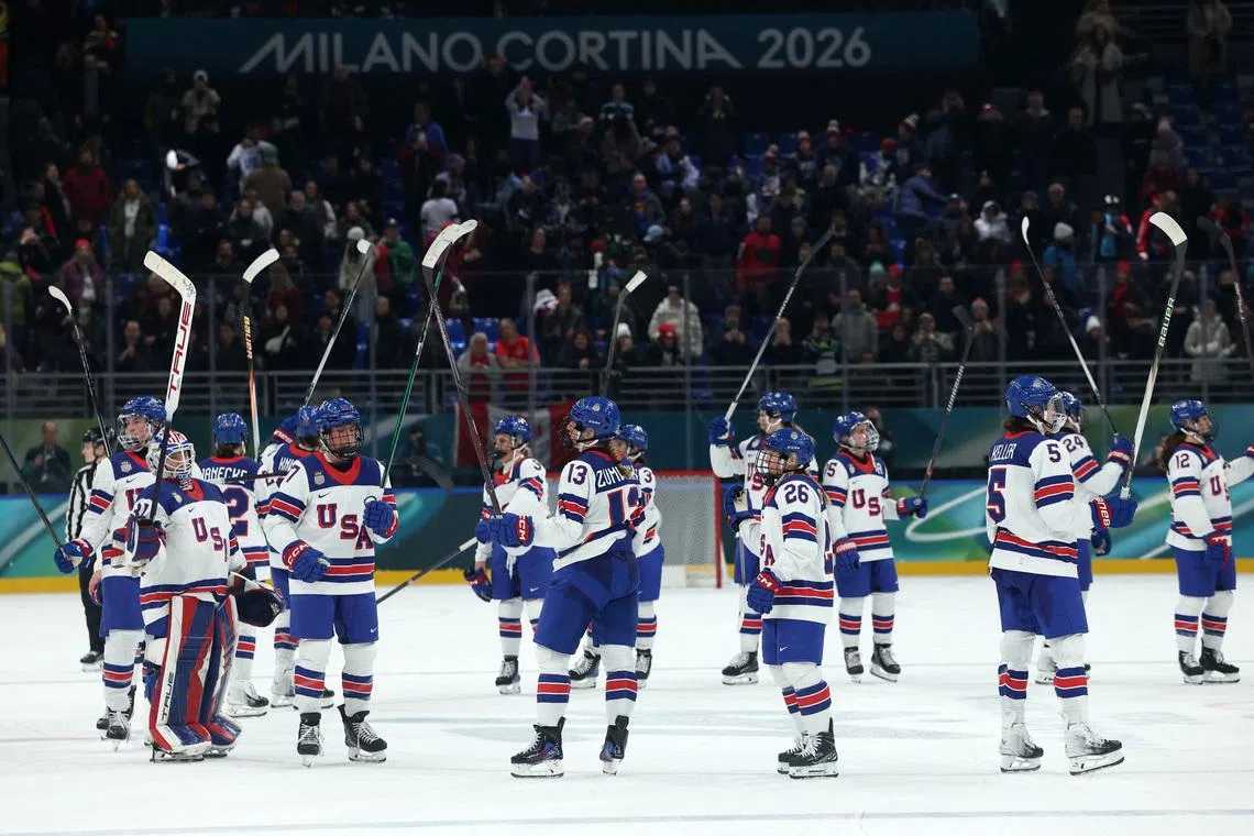 Milano Cortina 2026 Olympics - Ice Hockey - Women's Preliminary Round - Group A - Canada vs United States - Milano Santagiulia Ice Hockey Arena, Milan, Italy - February 10, 2026. General view as United States players celebrate after the match REUTERS/Mike Segar