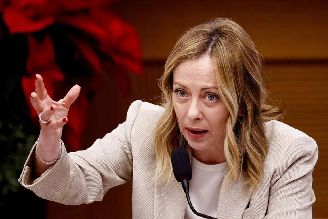 FILE PHOTO: Italy's Prime Minister Giorgia Meloni holds her end-of-year press conference in Rome, Italy, January 4, 2024. REUTERS/Guglielmo Mangiapane/File Photo