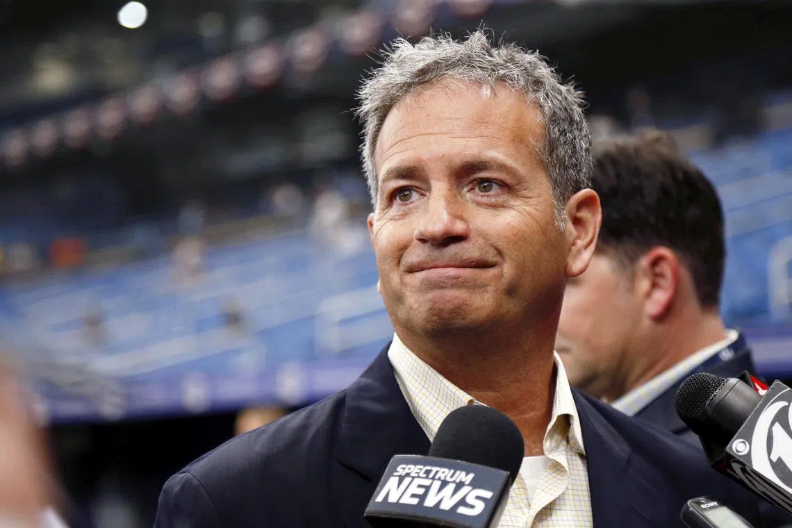 Mar 28, 2019; St. Petersburg, FL, USA; Tampa Bay Rays owner Stuart Sternberg talks with media prior to opening day against the Houston Astros at Tropicana Field. Mandatory Credit: Kim Klement-USA TODAY Sports/ File Photo