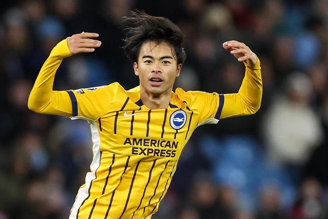Brighton's Kaoru Mitoma celebrates scoring the equaliser in the second half.
