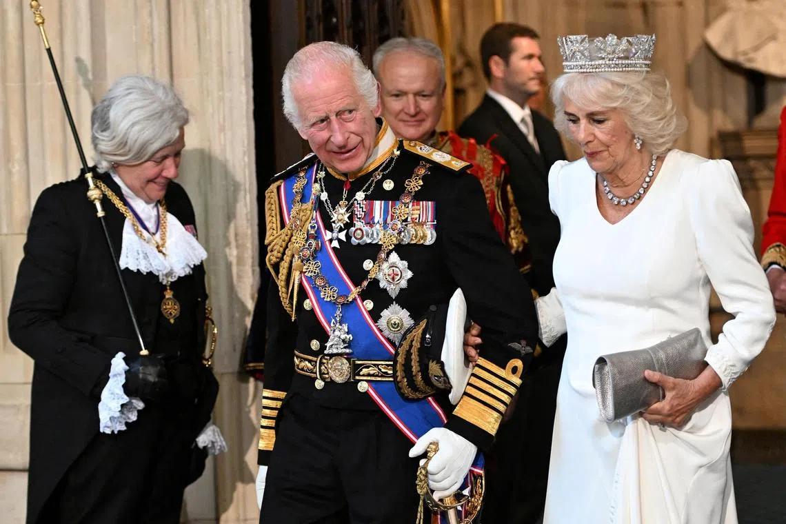 Britain's King Charles III and Queen Camilla leaving the Houses of Parliament in London, following the State Opening of Parliament in July 2024.