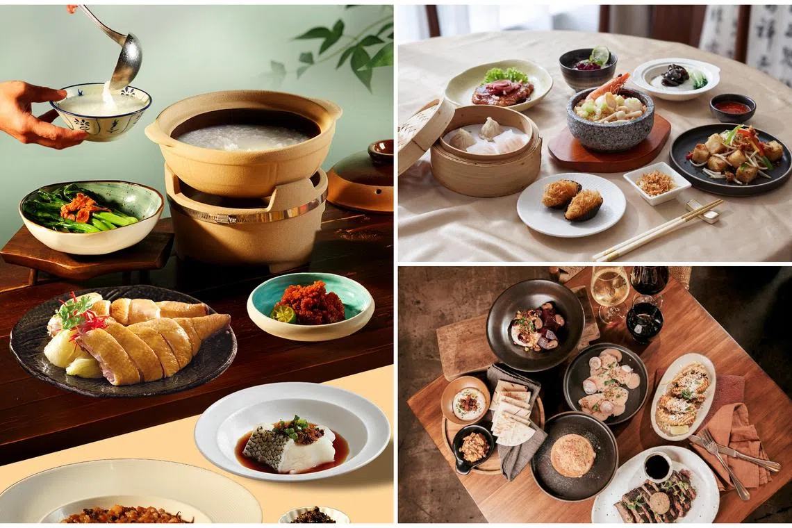 (Clockwise from left) Chui Huay Lim Teochew Cuisine's Teochew Muay Set Menu for two, Executive Set Lunches from  Min Jiang at Goodwood Park Hotel, and a set menu for 2 from Moxie.