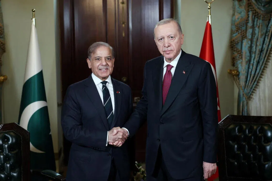 Turkey’s President Tayyip Erdogan shakes hands with Pakistan's Prime Minister Shehbaz Sharif before their meeting in Istanbul, Turkey, May 25, 2025. Mustafa Kamaci/Presidential Press Office/Handout via REUTERS ATTENTION EDITORS - THIS PICTURE WAS PROVIDED BY A THIRD PARTY. NO RESALES. NO ARCHIVES.