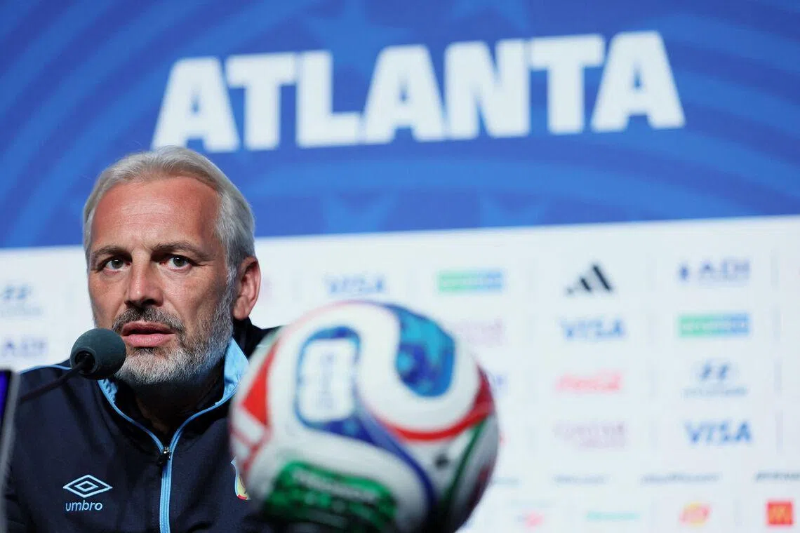 Congo DR's French head coach Sebastien Desabre gives an MD-1 press conference at Atlanta Stadium in Atlanta on June 30, 2026, on the eve of the 2026 World Cup round of 32 football match between England and Democratic Republic of the Congo. (Photo by Odd ANDERSEN / AFP)