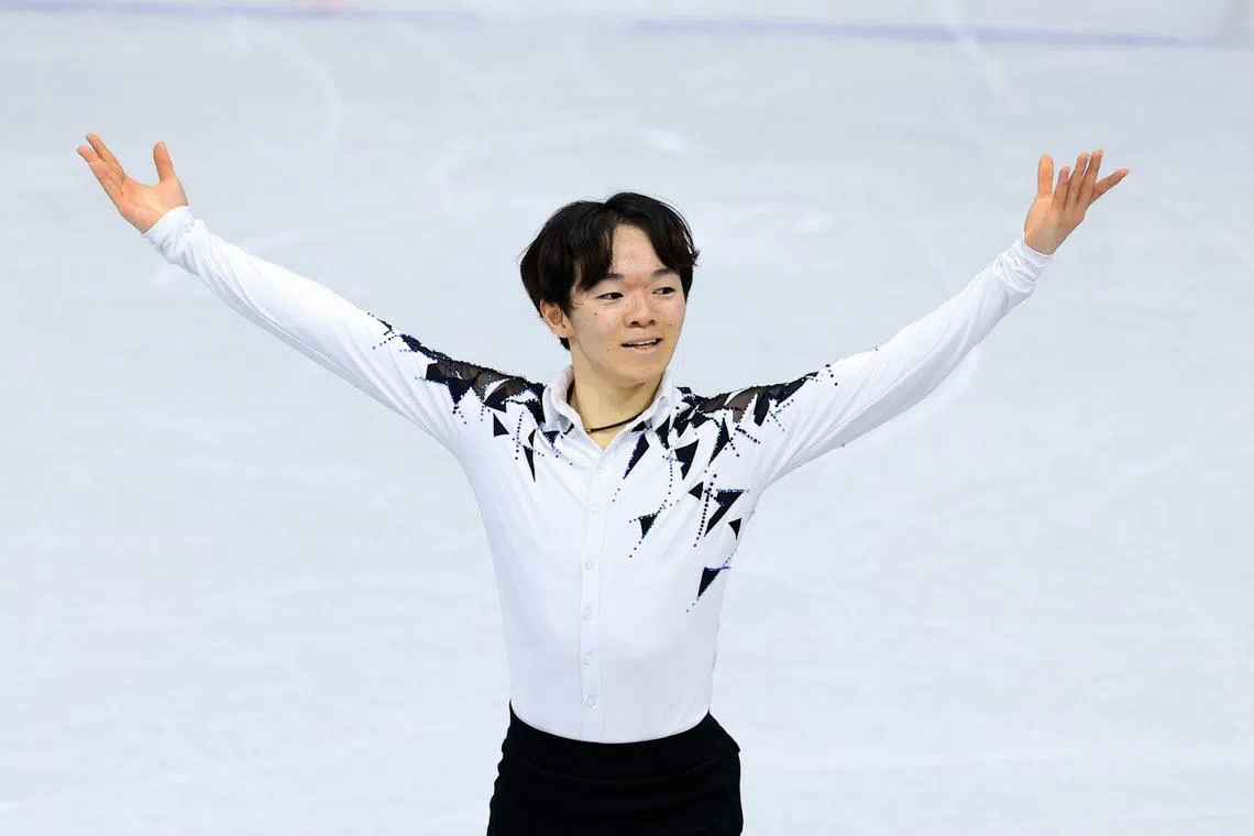 Feb 10, 2026; Milan, Italy; Yuma Kagiyama of Japan competes in men's singles short program during the Milano Cortina 2026 Olympic Winter Games at Milano Ice Skating Arena. Mandatory Credit: Katie Stratman-Imagn Images