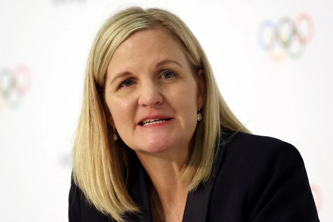 FILE PHOTO: Olympics - 144th IOC Session - Costa Navarino, Pylos, Greece - March 20, 2025 Kirsty Coventry during the press conference after she was elected as the new president of the International Olympic Committee (IOC) REUTERS/Louisa Gouliamaki/File Photo