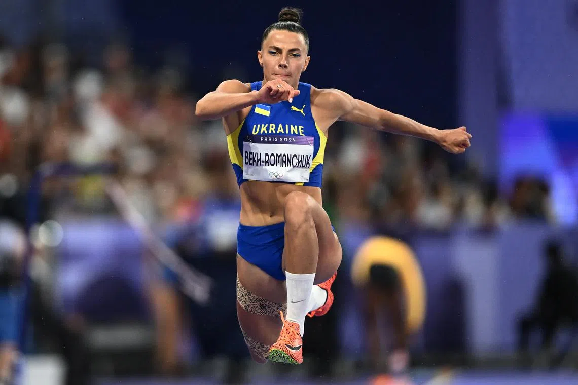 FILE PHOTO: Paris 2024 Olympics - Athletics - Women's Triple Jump Final - Stade de France, Saint-Denis, France - August 03, 2024. Maryna Bekh-Romanchuk of Ukraine in action. REUTERS/Dylan Martinez/File Photo