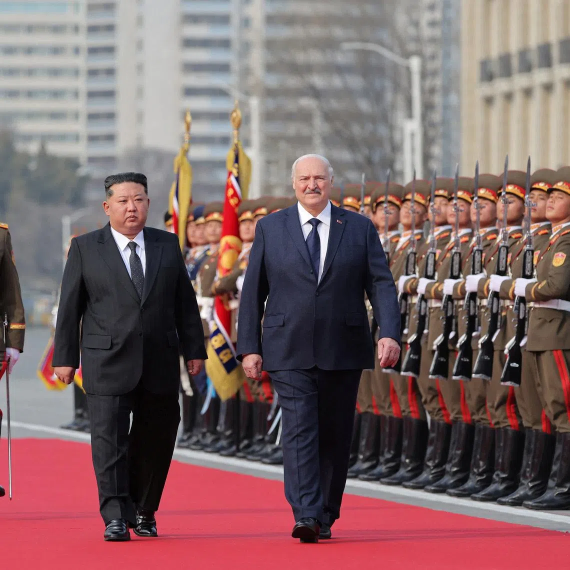 North Korea's Kim Jong Un welcomes Belarus President Alexander Lukashenko in Pyongyang, North Korea, March 25, 2026, in this picture released by North Korea's official Korean Central News Agency.     KCNA via REUTERS